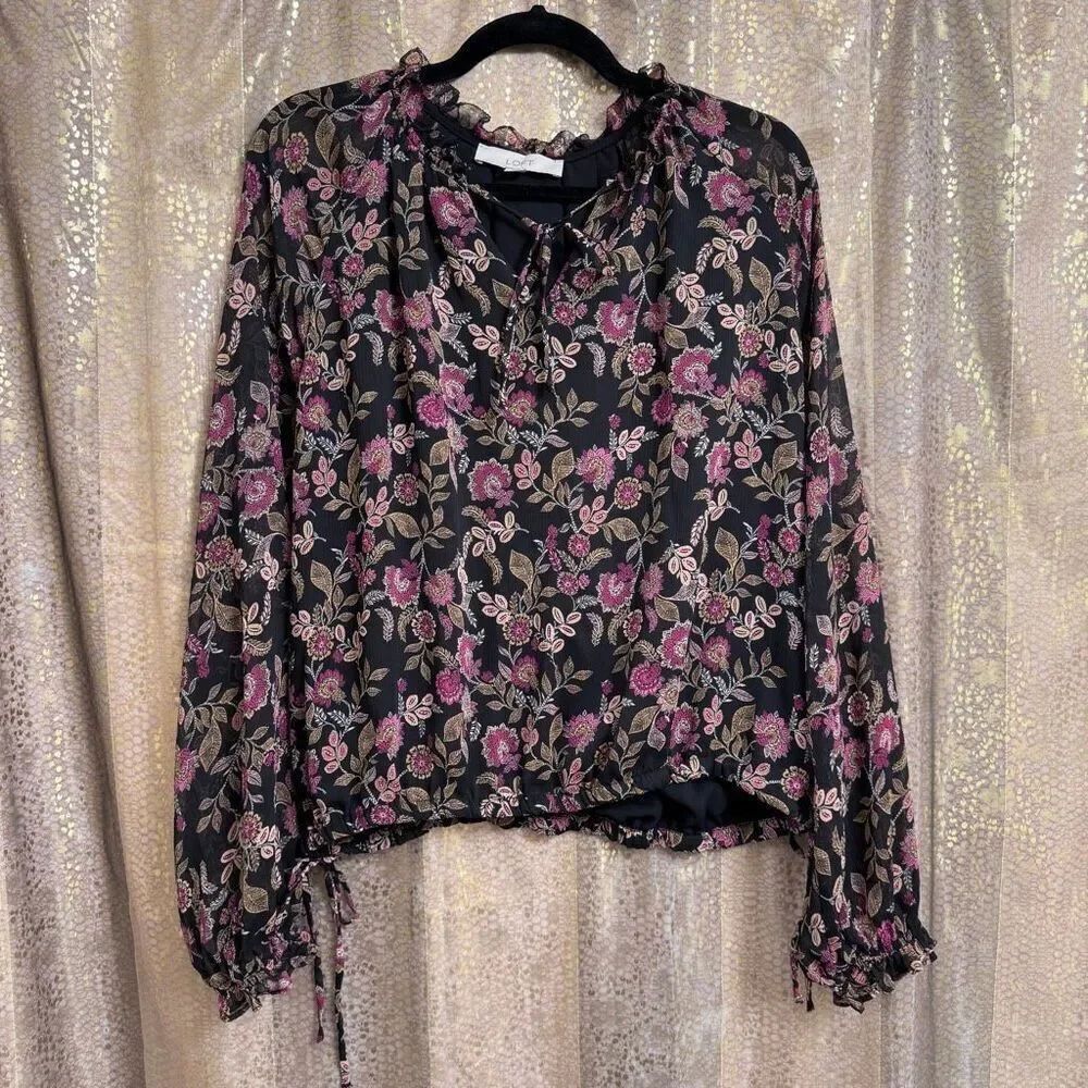 LOFT Black Pink Paisley Floral Print Sheer Sleeve Side Tie Blouse Large